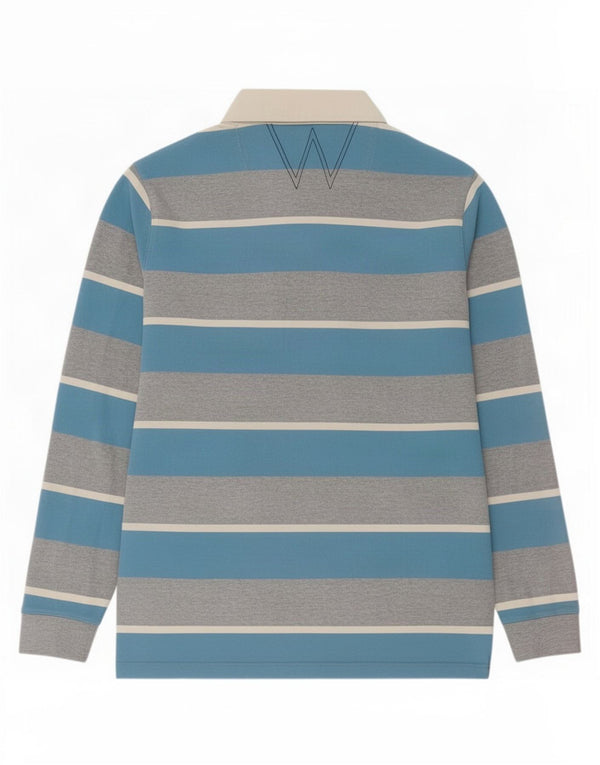 Weird Fish Mens Long Sleeve Rugby Polo Shirt Large Blue Striped Cotton