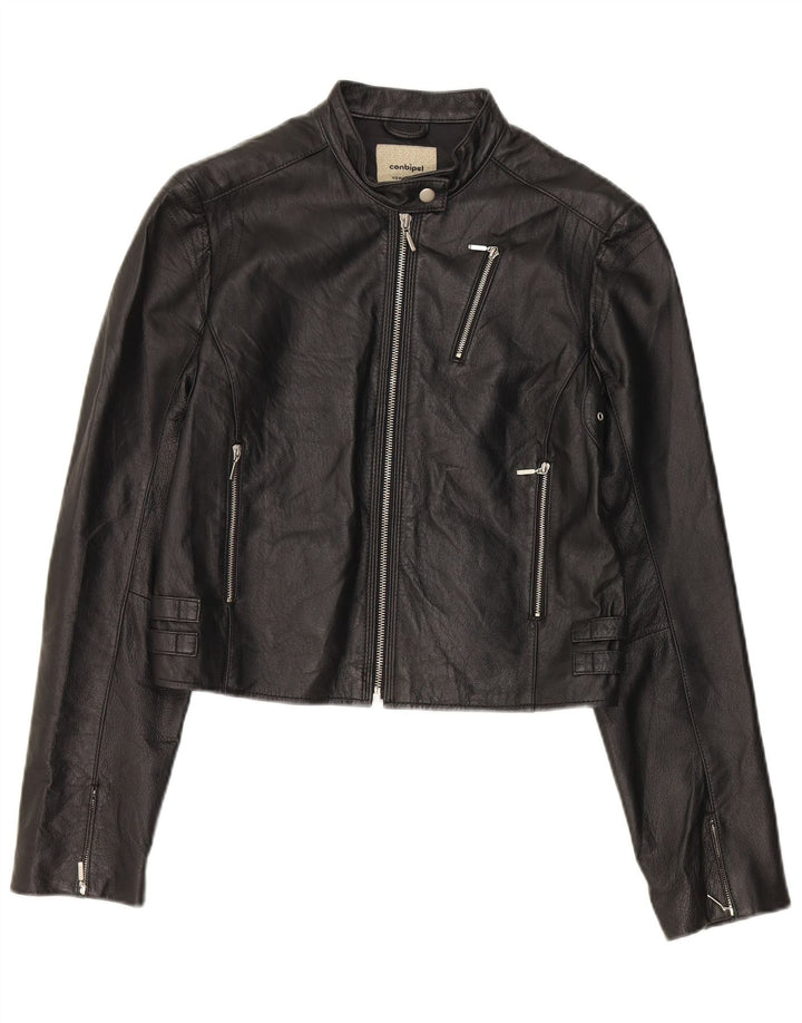 Conbipel Womens Crop Leather Biker Jacket IT 44 Medium Black Leather