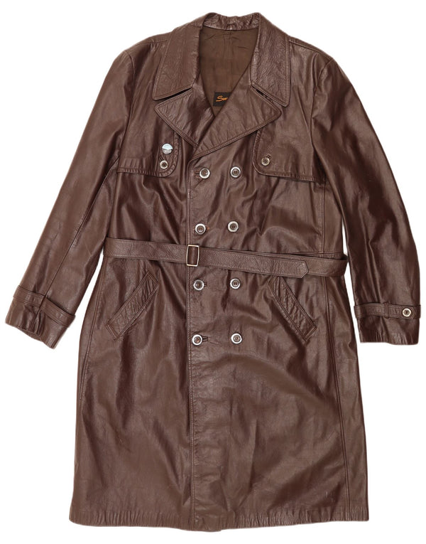 Vintage Mens Leather Double Breasted Coat IT 56 2XL Brown Classic