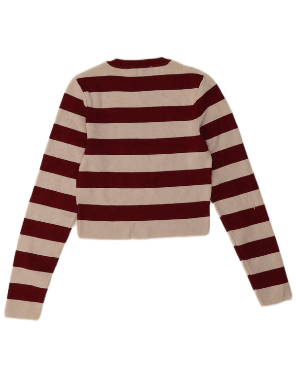 Zara Womens Crop Crew Neck Jumper Sweater UK 12 Medium Burgundy Striped