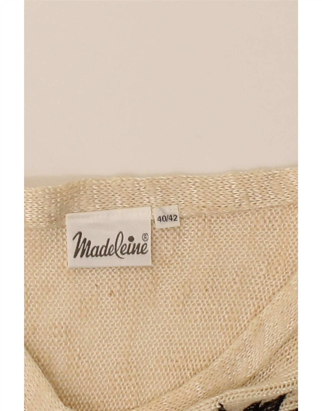 MADELEINE Womens Graphic Boat Neck Jumper Sweater EU 40/42 Medium Beige Vintage Madeleine and Second-Hand Madeleine from Messina Hembry 