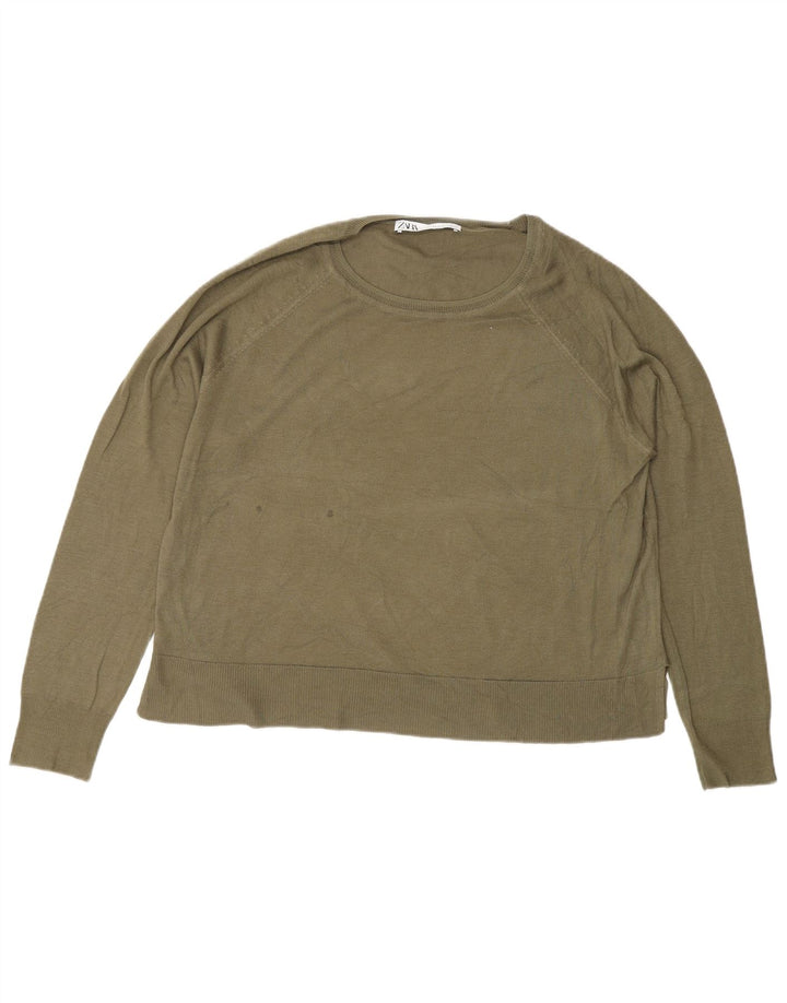 Zara Womens Regular Fit Crew Neck Jumper Sweater UK 12 Medium Green