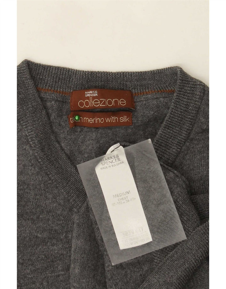 Marks & Spencer Mens V-Neck Jumper Sweater Medium Grey Merino Wool