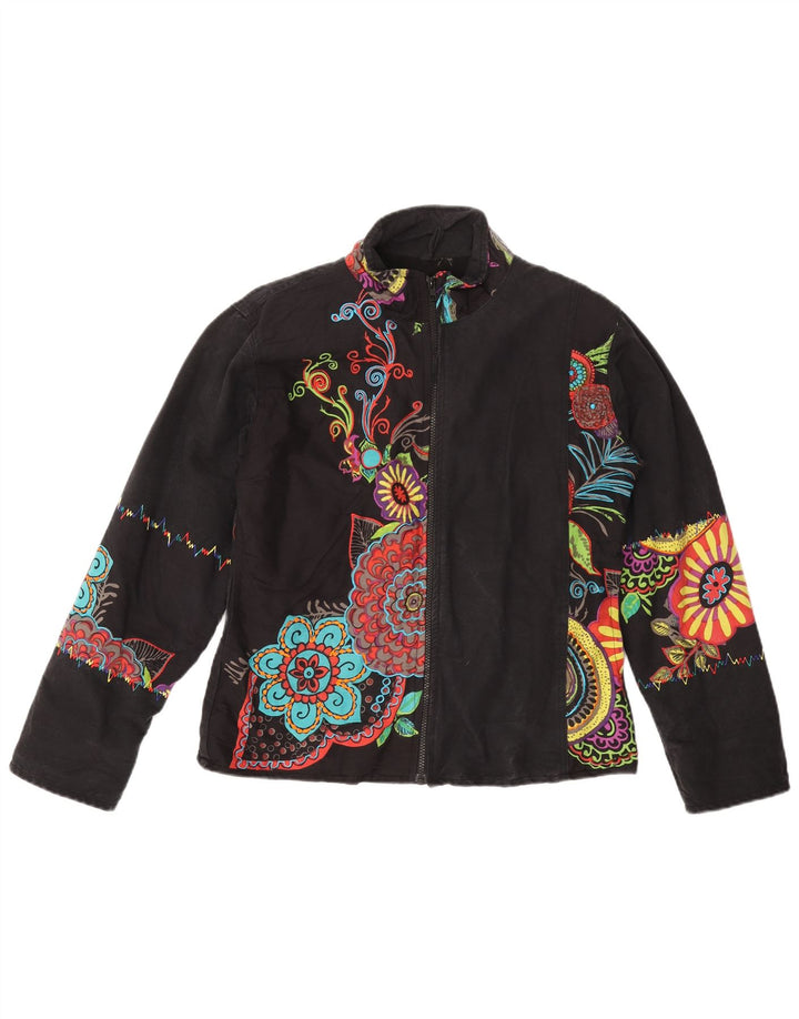 VINTAGE Womens Windbreaker Jacket UK 14 Medium Black Floral