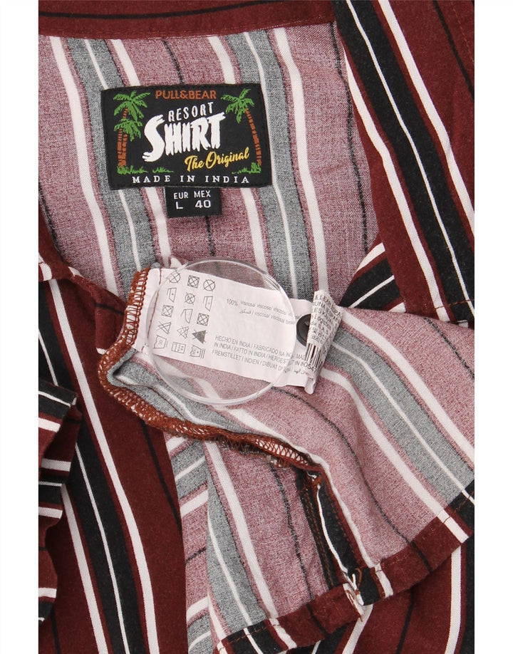 PULL & BEAR Mens Short Sleeve Shirt Large Burgundy Striped Viscose