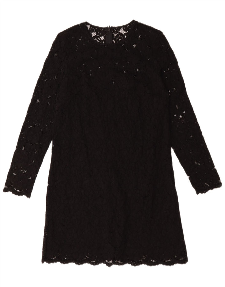 Vintage Womens Long Sleeve Shift Dress UK 12 Medium Black Floral Polyester