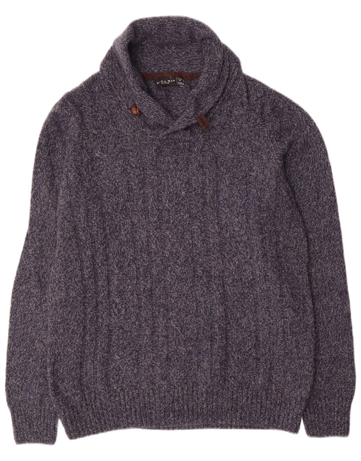 Zara Mens Shawl Neck Jumper Sweater Large Navy Blue Flecked Wool