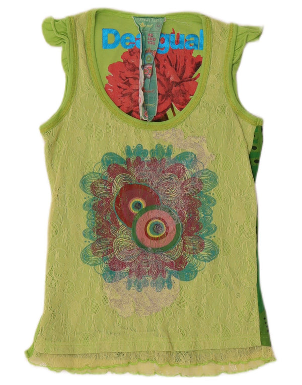 Desigual Womens Graphic Vest Top UK 12 Medium Green Geometric Cotton