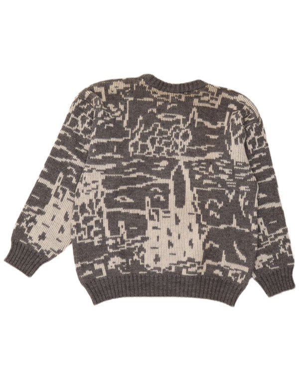 Vintage Mens Abstract Pattern Crew Neck Jumper Sweater Small Grey