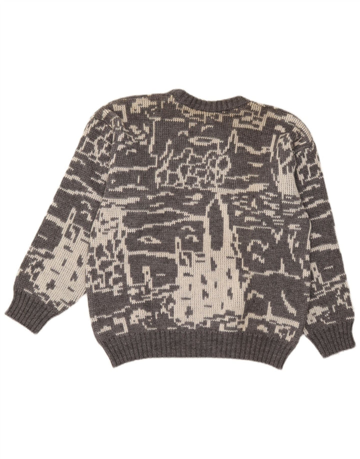 Vintage Mens Abstract Pattern Crew Neck Jumper Sweater Small Grey