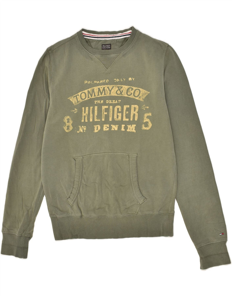 TOMMY HILFIGER Mens Graphic Sweatshirt Jumper Small Khaki Cotton | Vintage Tommy Hilfiger | Thrift | Second-Hand Tommy Hilfiger | Used Clothing | Messina Hembry 