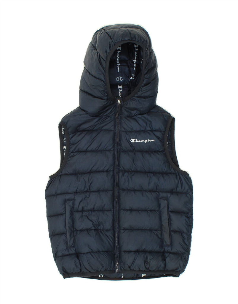 CHAMPION Boys Hooded Padded Gilet 9-10 Years Medium Navy Blue Polyester Vintage Champion and Second-Hand Champion from Messina Hembry 