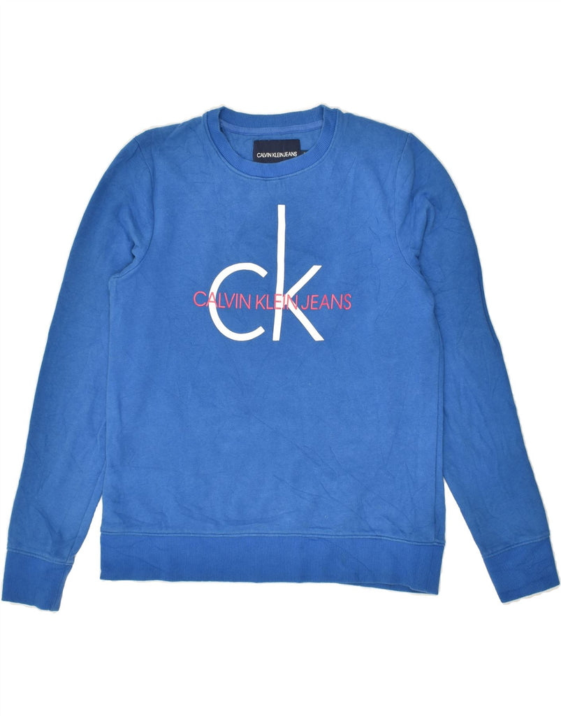 CALVIN KLEIN Womens Graphic Sweatshirt Jumper UK 10 Small Blue Cotton | Vintage Calvin Klein | Thrift | Second-Hand Calvin Klein | Used Clothing | Messina Hembry 