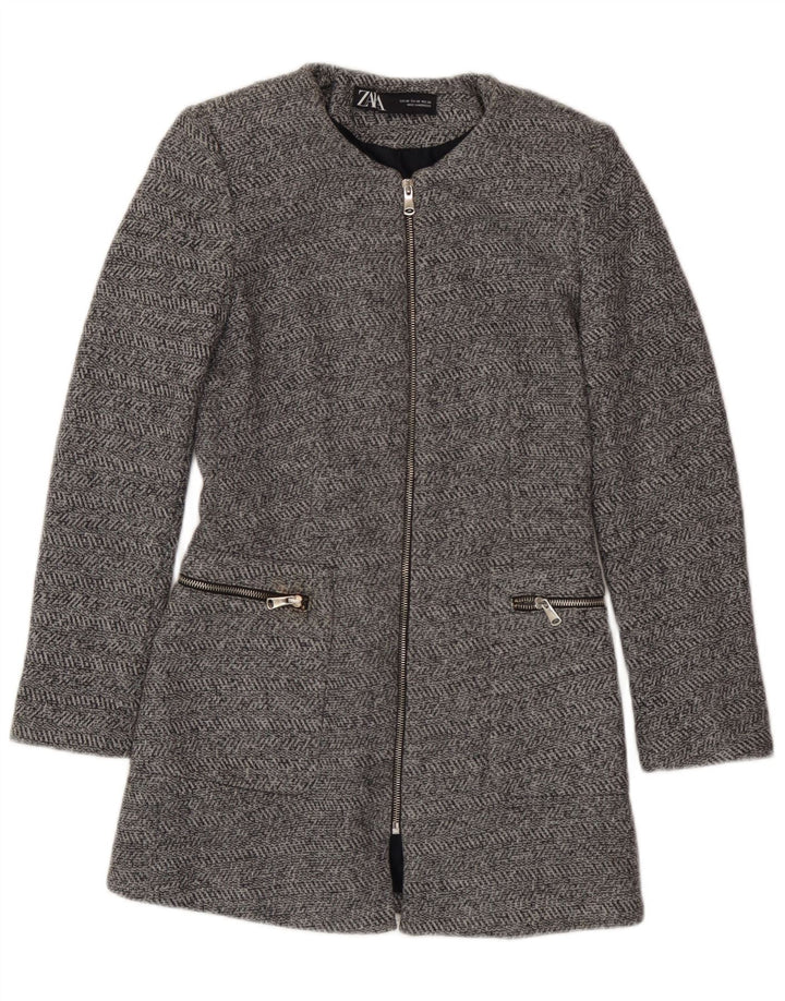 Zara Womens Longline Full Zip Blazer Jacket UK 6 XS Grey Herringbone Cotton
