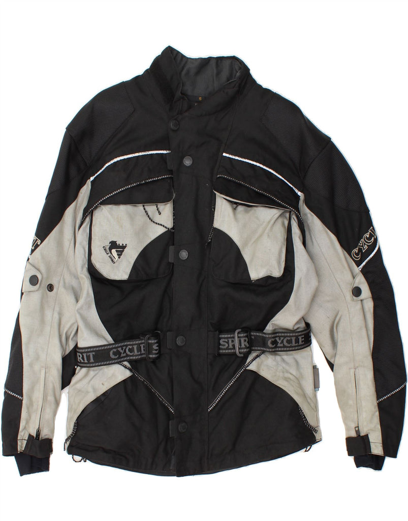 CYCLE SPIRIT Mens Graphic Racer Jacket UK 36 Small Black Colourblock Vintage Cycle Spirit and Second-Hand Cycle Spirit from Messina Hembry 