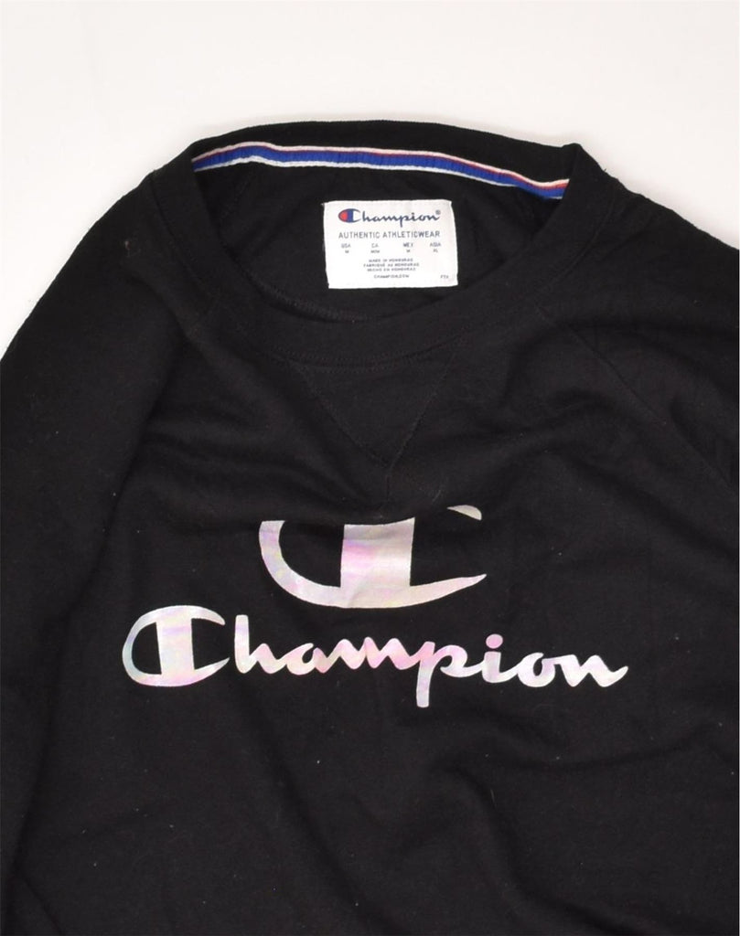 CHAMPION Womens Graphic Sweatshirt Jumper UK 14 Medium Black Cotton | Vintage Champion | Thrift | Second-Hand Champion | Used Clothing | Messina Hembry 