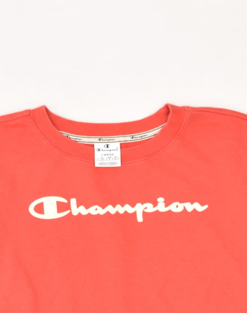 CHAMPION Womens Graphic Sweatshirt Jumper UK 16 Large Orange Cotton | Vintage Champion | Thrift | Second-Hand Champion | Used Clothing | Messina Hembry 