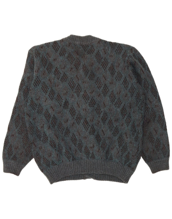 Vintage Mens Cardigan Sweater Large Blue Argyle/Diamond Alpaca Wool