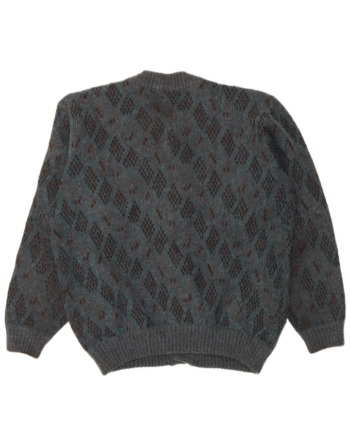 Vintage Mens Cardigan Sweater Large Blue Argyle/Diamond Alpaca Wool