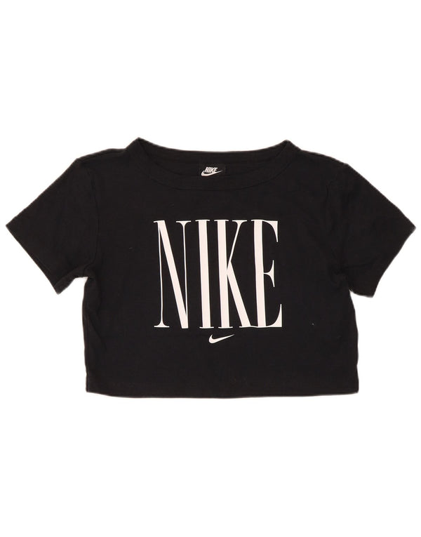 Nike Womens Short Sleeve Crop Graphic T-Shirt Top UK 12 Medium Black Cotton