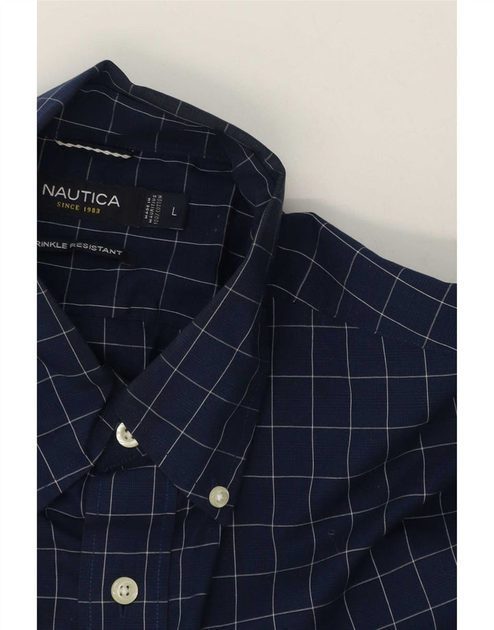 Nautica Mens Shirt Large Navy Blue Check Cotton