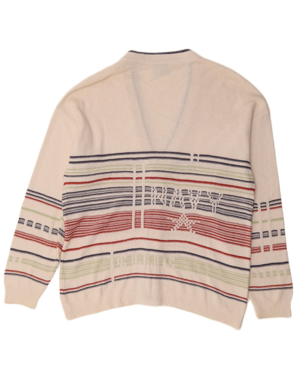 Demiro Mens Cardigan Sweater IT 50 Medium White Striped Cotton