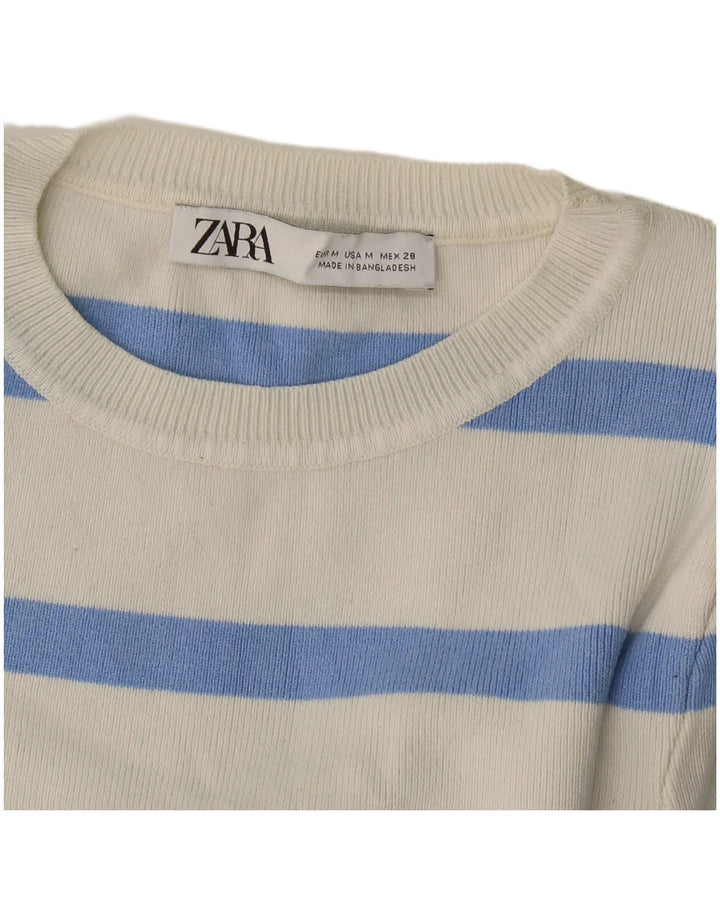 Zara Womens Crop Crew Neck Jumper Sweater UK 12 Medium White Striped