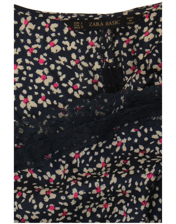 ZARA Womens Blouse Top UK 16 Large Navy Blue Floral