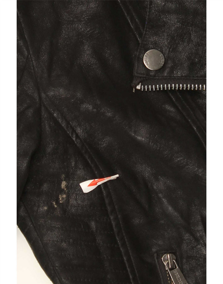 Guess Womens Faux Leather Biker Jacket UK 4 XS Black Polyurethane