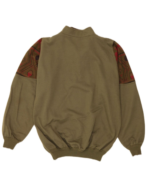 Vintage Mens Graphic Zip Neck Sweatshirt Jumper Large Khaki Geometric