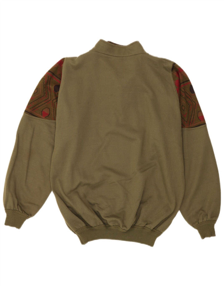 Vintage Mens Graphic Zip Neck Sweatshirt Jumper Large Khaki Geometric