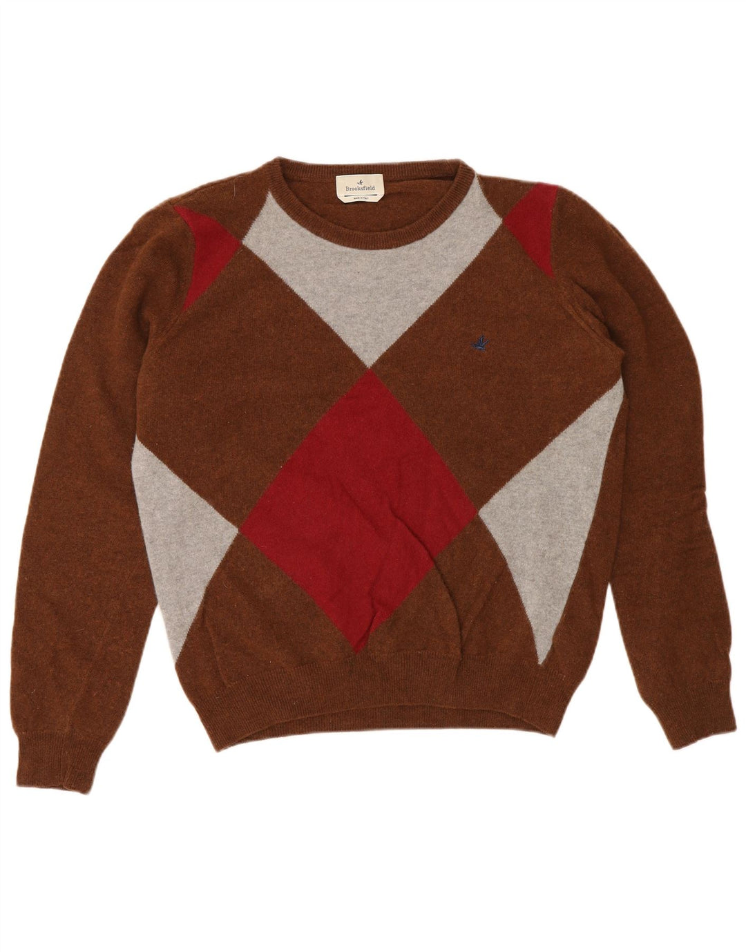 Brooksfield Mens Crew Neck Jumper Sweater IT 50 Medium Brown Argyle/Diamond