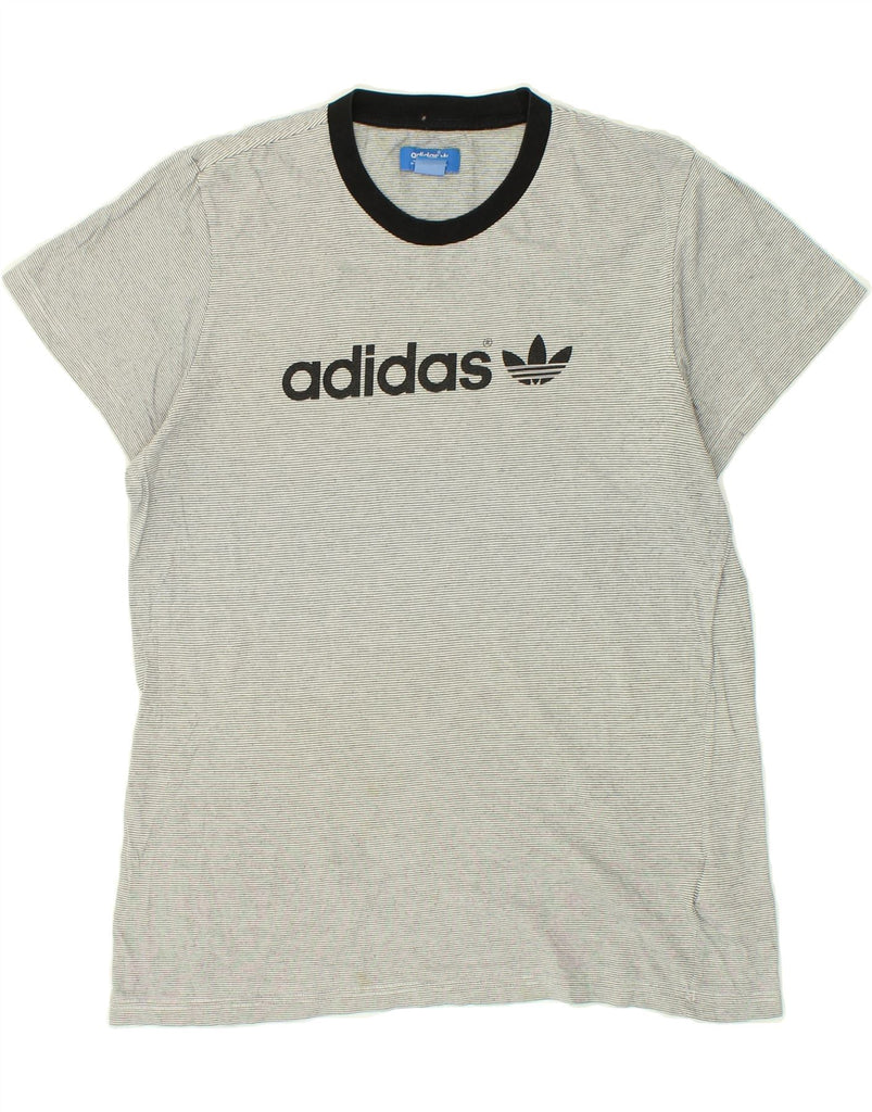 ADIDAS Mens Graphic T-Shirt Top Large Grey Striped Cotton Vintage Adidas and Second-Hand Adidas from Messina Hembry 