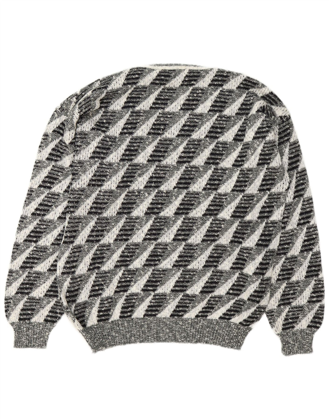 Vintage Mens V-Neck Jumper Sweater Large Grey Geometric