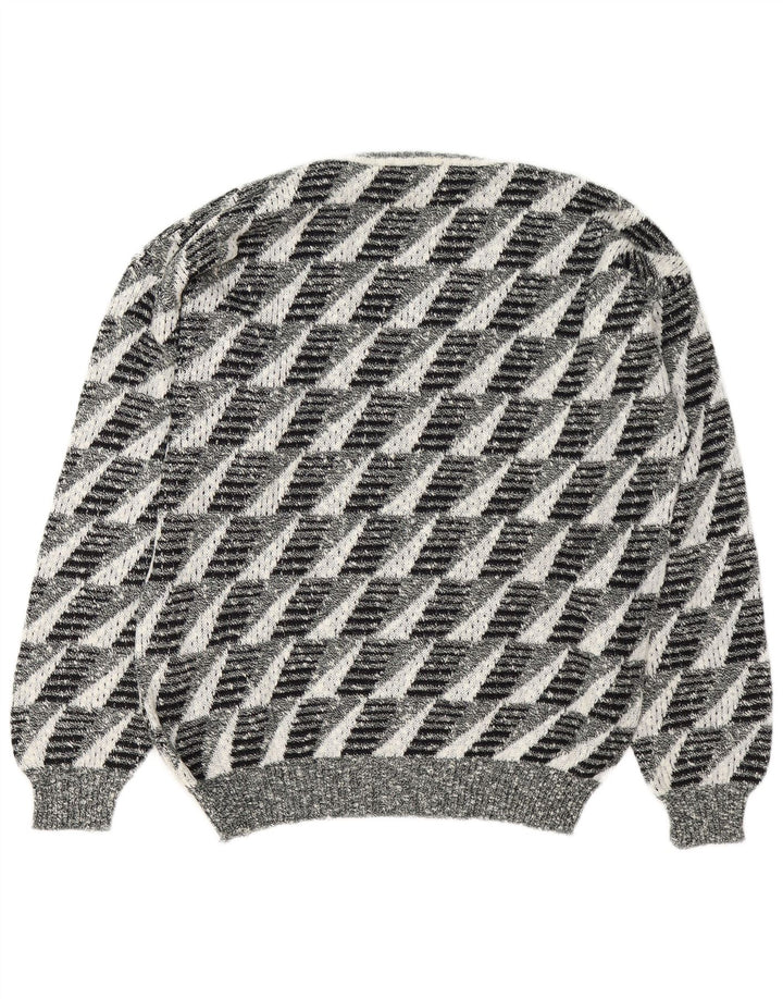 Vintage Mens V-Neck Jumper Sweater Large Grey Geometric