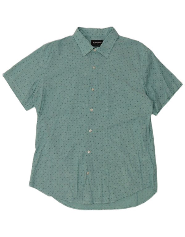 BONOBOS Mens Short Sleeve Slim Fit Shirt Large Blue Polka Dot Cotton