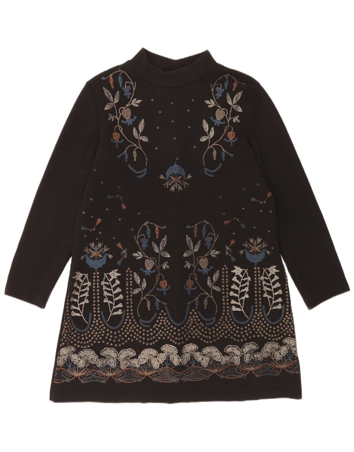 Zara Womens Long Sleeve Shift Dress UK 14 Medium Black Floral Polyester