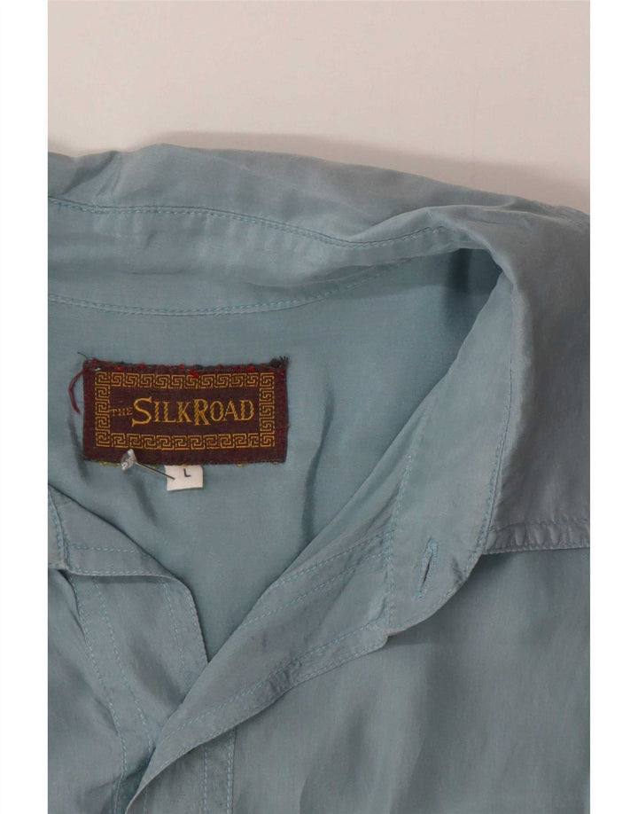 Vintage Mens Short Sleeve Shirt Large Blue Silk