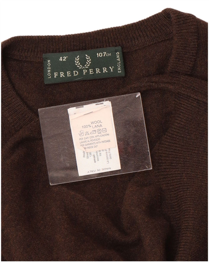 Fred Perry Mens Crew Neck Jumper Sweater Medium Brown Wool
