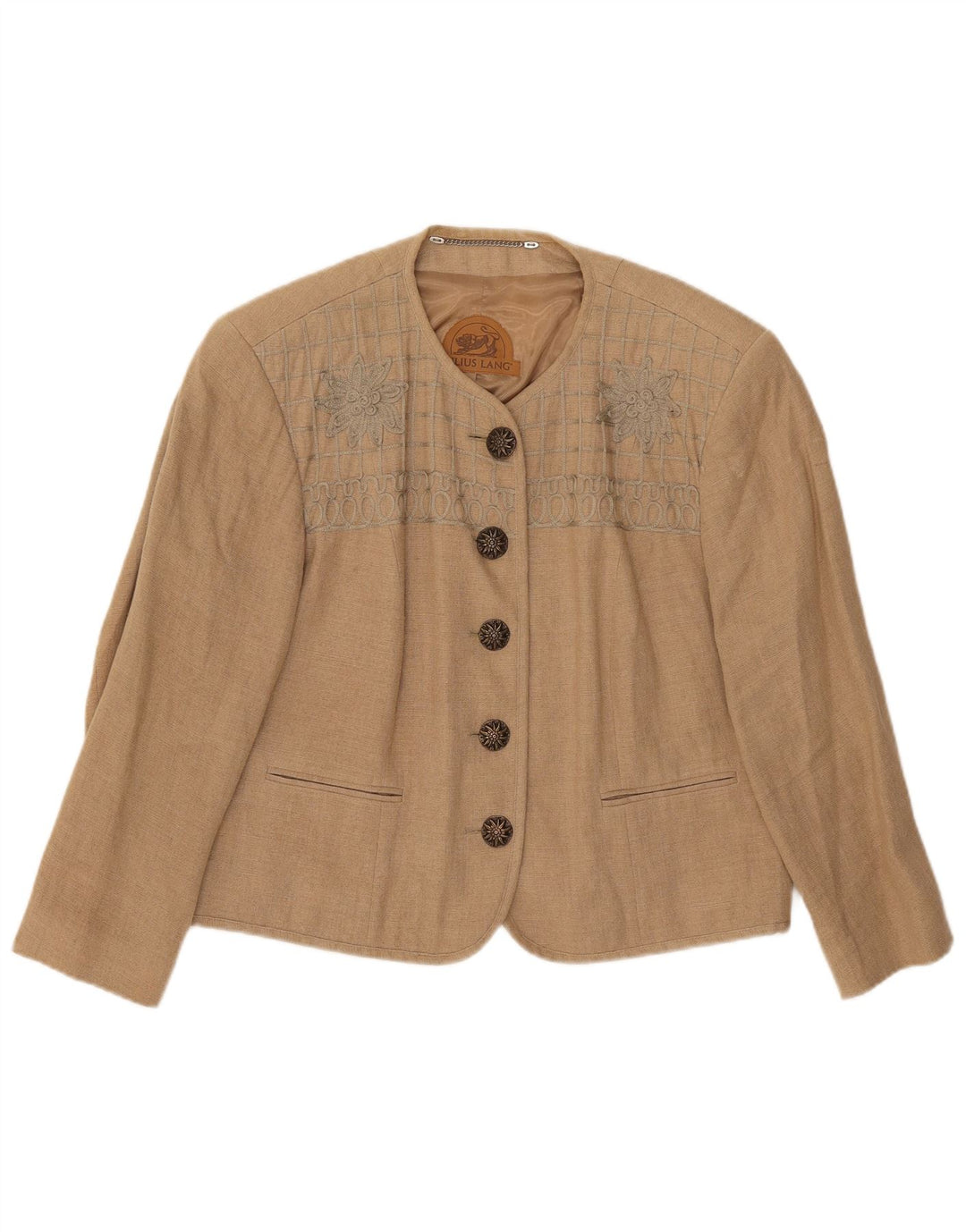 Julius Lang Womens 5 Button Blazer Jacket UK 16 Large Beige Floral Linen