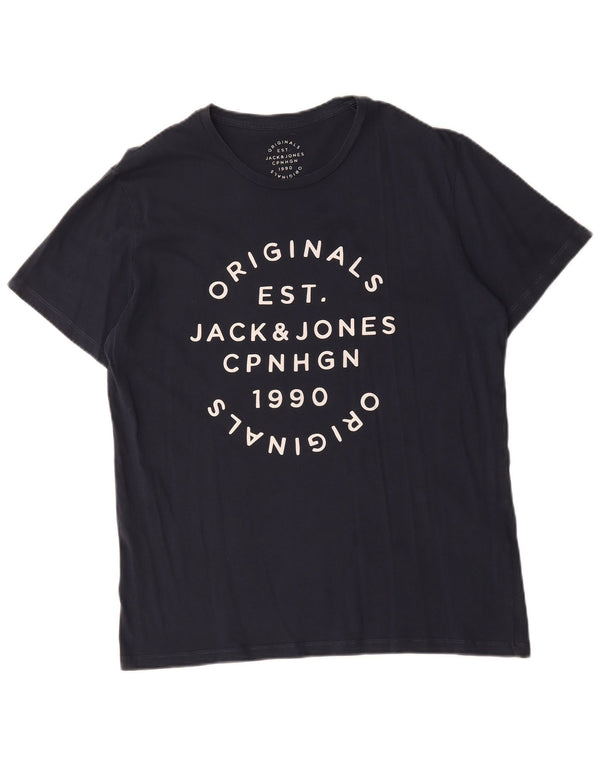 Jack & Jones Mens Graphic T-Shirt Top Large Navy Blue Cotton