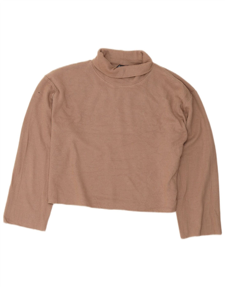 Zara Womens Crop Oversized Top Long Sleeve UK 14 Medium Beige Cotton
