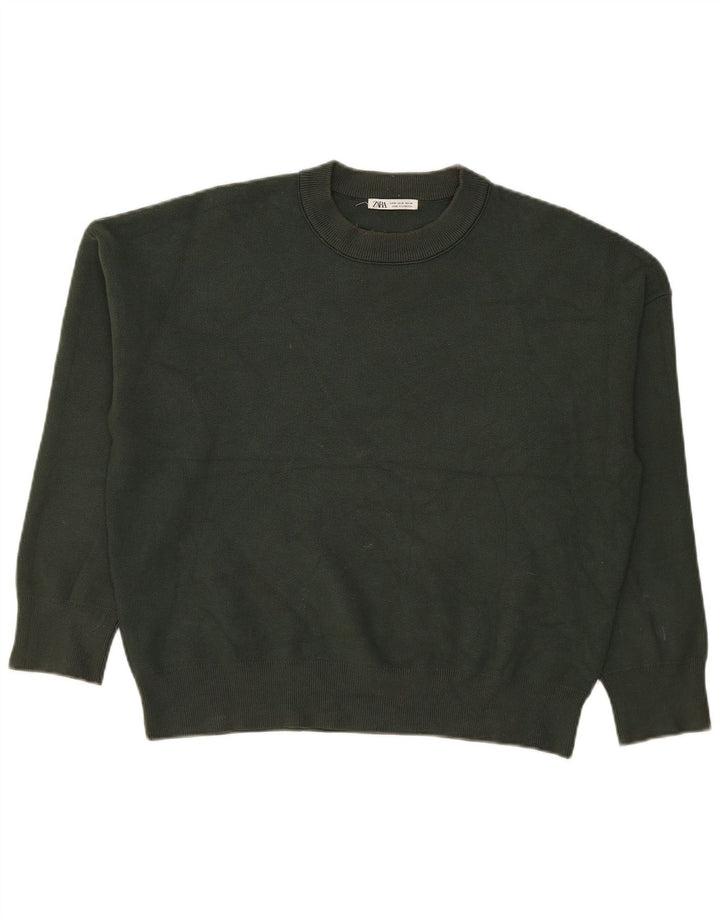 Zara Mens Crew Neck Jumper Sweater Medium Green Viscose