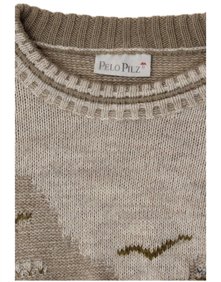 Vintage Mens Crew Neck Jumper Sweater Medium Grey Geometric Retro