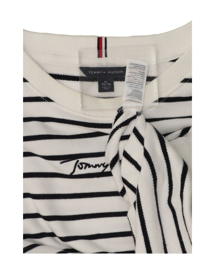 TOMMY HILFIGER Womens Oversized Sweatshirt Jumper UK 18 XL White Striped Vintage Tommy Hilfiger and Second-Hand Tommy Hilfiger from Messina Hembry 