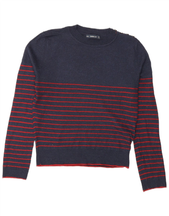 Zara Womens Crew Neck Jumper Sweater UK 14 Medium Navy Blue Striped