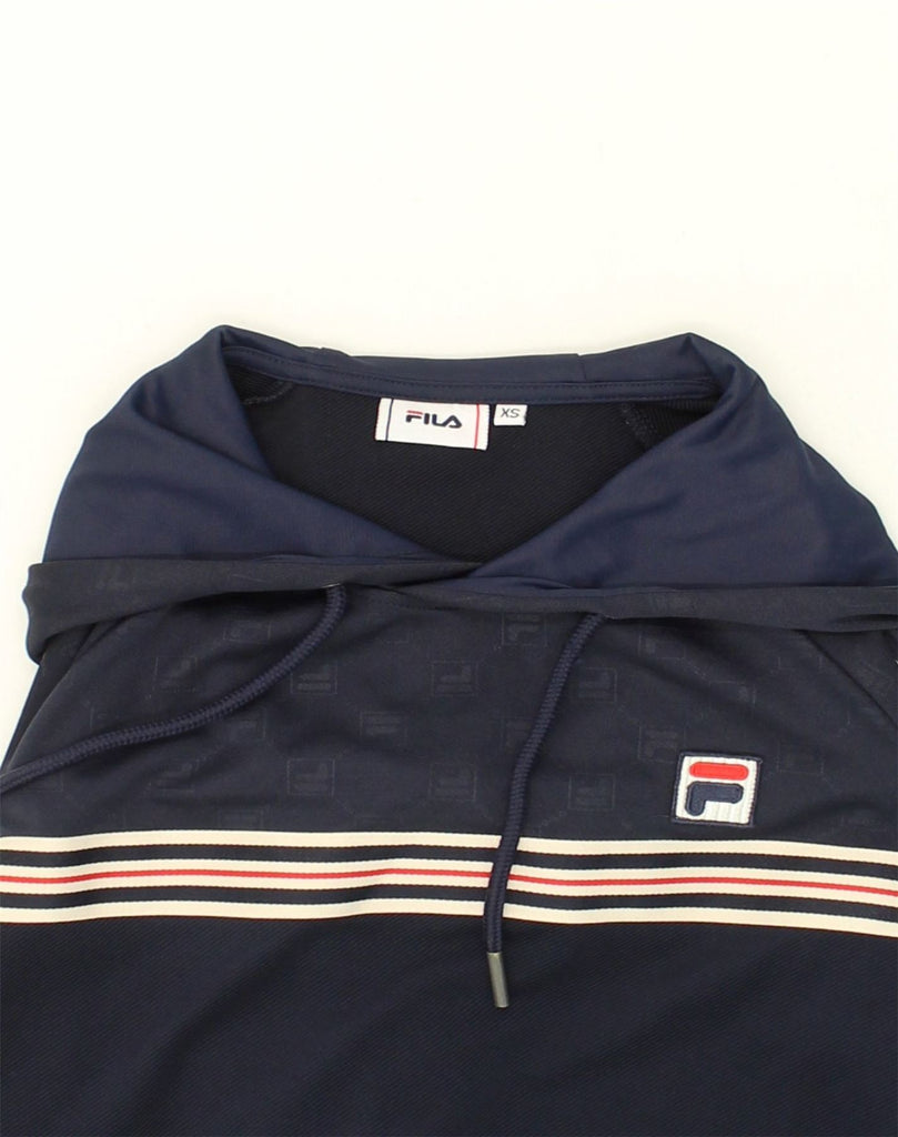 FILA Mens Graphic Hoodie Jumper XS Navy Blue Colourblock Polyester | Vintage Fila | Thrift | Second-Hand Fila | Used Clothing | Messina Hembry 