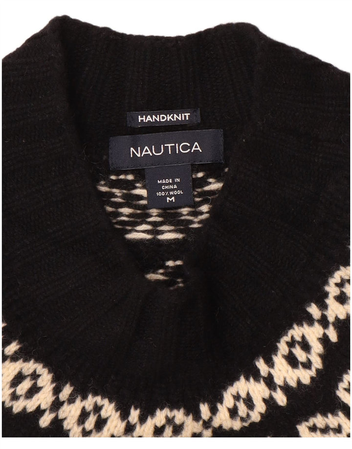 Nautica Mens Turtle Neck Jumper Sweater Medium Black Fair Isle Wool