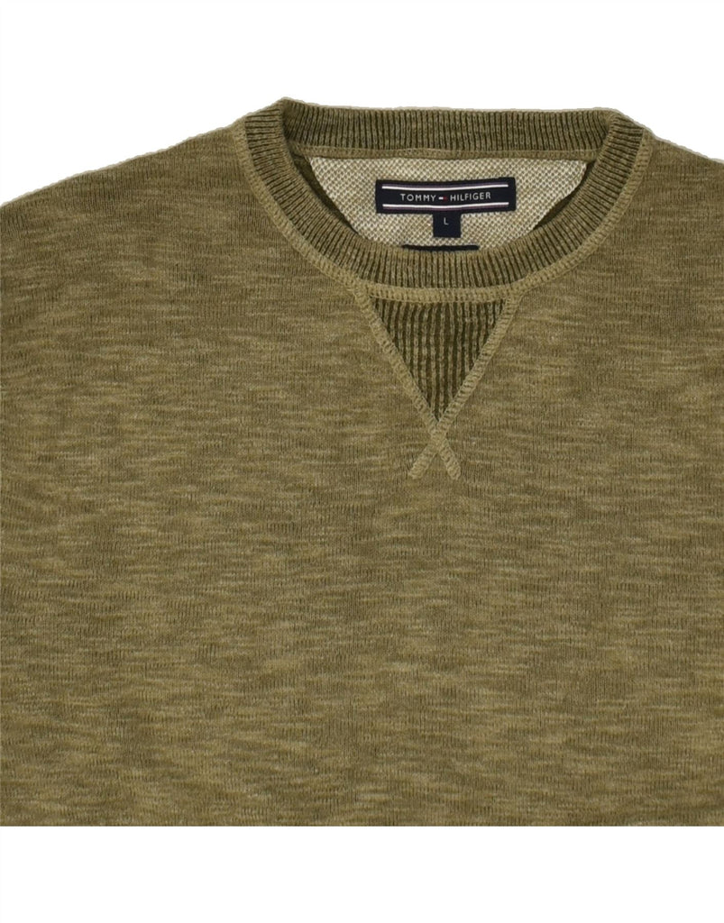 TOMMY HILFIGER Mens Crew Neck Jumper Sweater Large Khaki Flecked Cotton | Vintage Tommy Hilfiger | Thrift | Second-Hand Tommy Hilfiger | Used Clothing | Messina Hembry 
