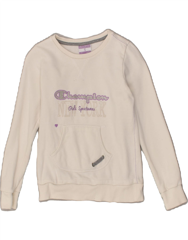 CHAMPION Girls Graphic Sweatshirt Jumper 7-8 Years Small White Cotton | Vintage Champion | Thrift | Second-Hand Champion | Used Clothing | Messina Hembry 